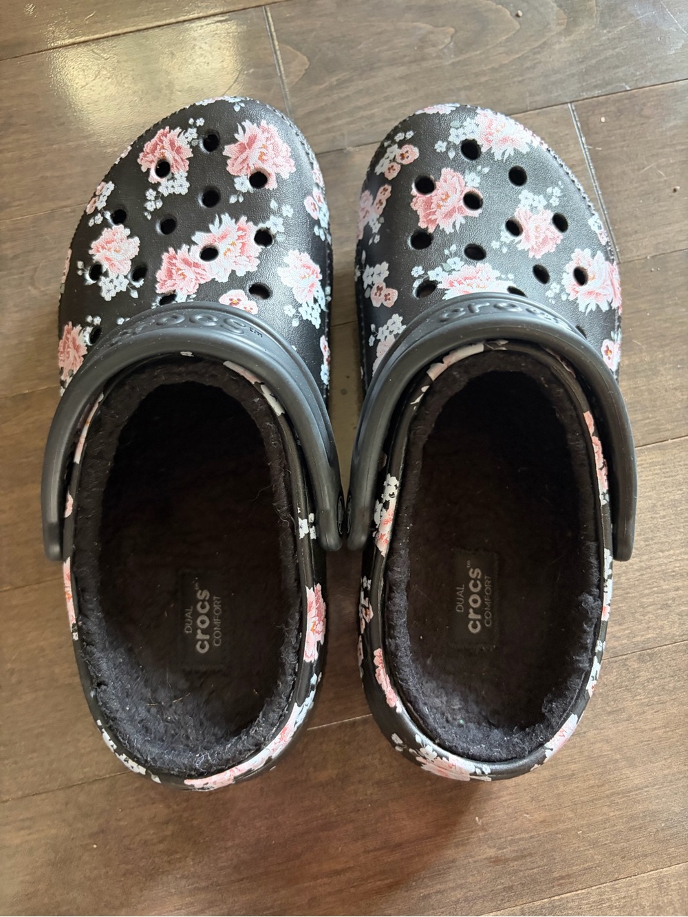 CROCS Kids Black Clogs with Pink Floral Print